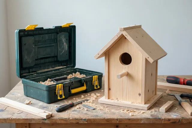 Een halfafgewerkt houten vogelhuisje met een ronde opening staat op een werkbank naast een open groene gereedschapskist met houtkrullen en gereedschap.