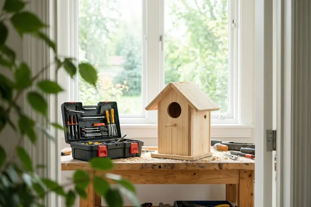 Een halfafgewerkt houten vogelhuisje staat op een werkbank naast een open gereedschapskist, met licht uit een raam en een groene plant deels op de voorgrond.