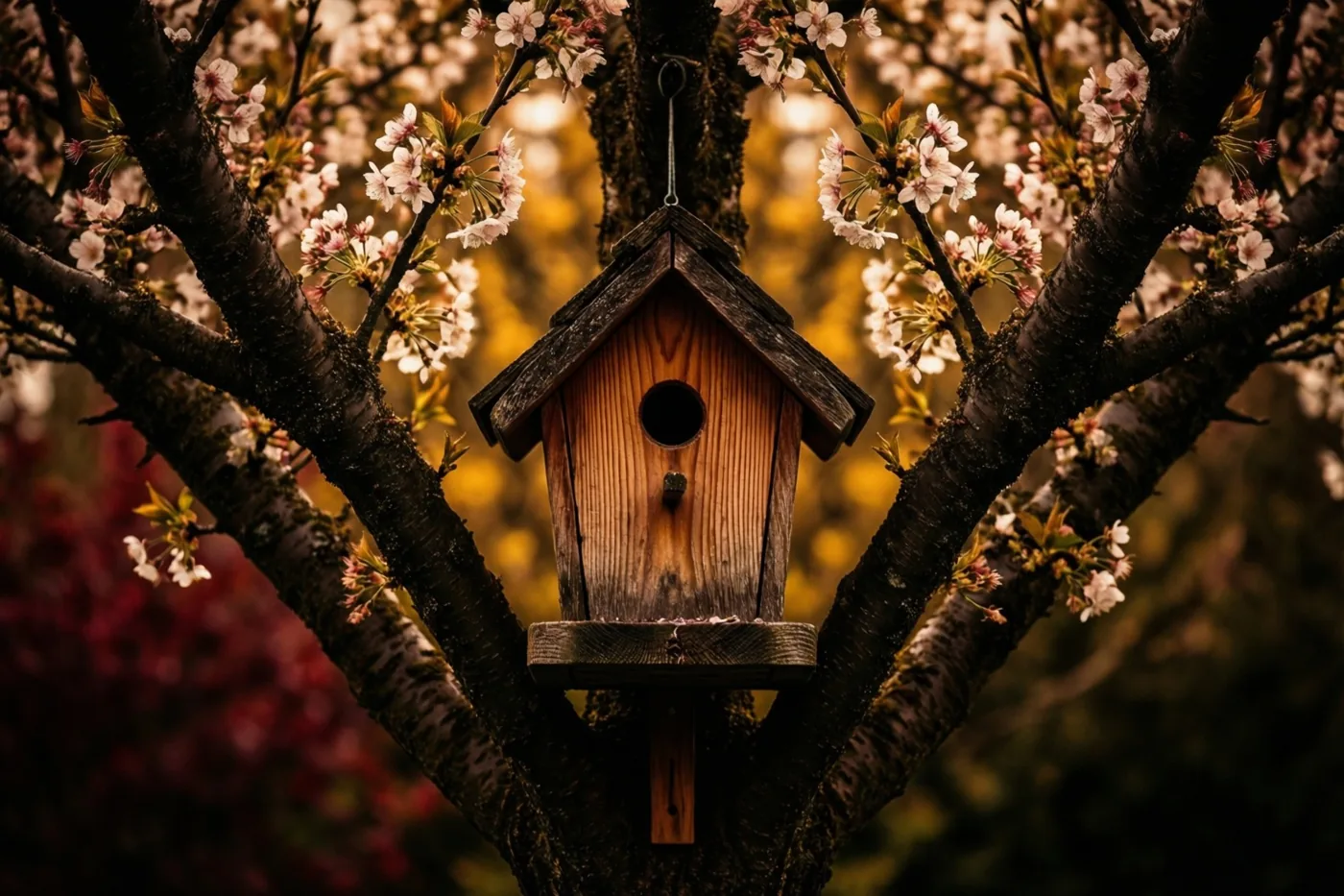 Een houten vogelhuisje hangt aan een tak met roze en witte bloesems in een zacht verlichte tuin met goudkleurige en dieprode tinten.