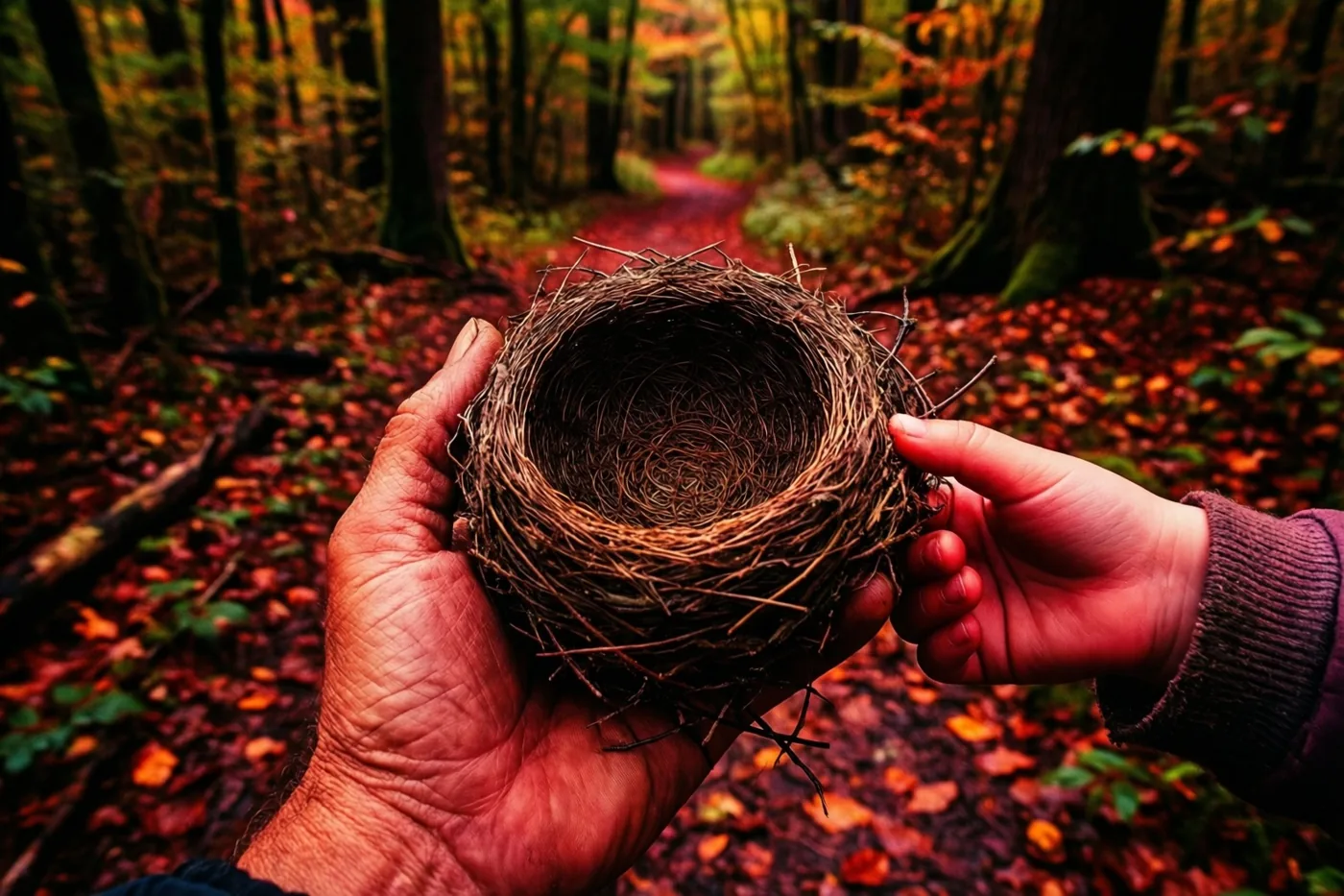 Een volwassen hand en een kinderhand houden een leeg vogelnest vast in een herfstbos met warme rode, bruine en oranje tinten.