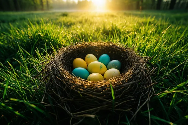 Een vogelnest met kleurrijk beschilderde eieren ligt in felgroen gras in de warme gloed van de opkomende zon erachter.