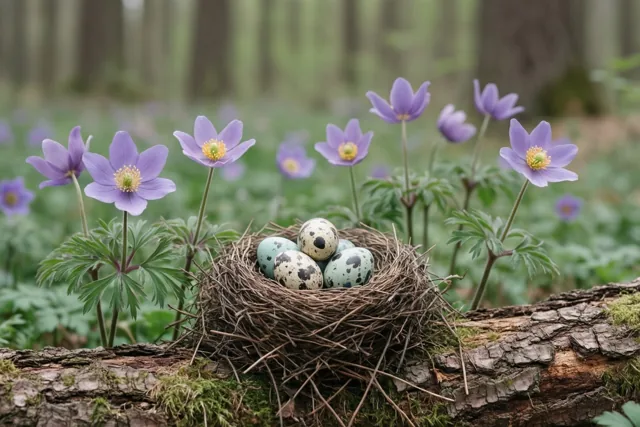Een vogelnest met gespikkelde eieren ligt op een bemoste omgevallen boomstam op een open plek in het bos, omringd door paarse anemonen en met wazige bomen op de achtergrond.