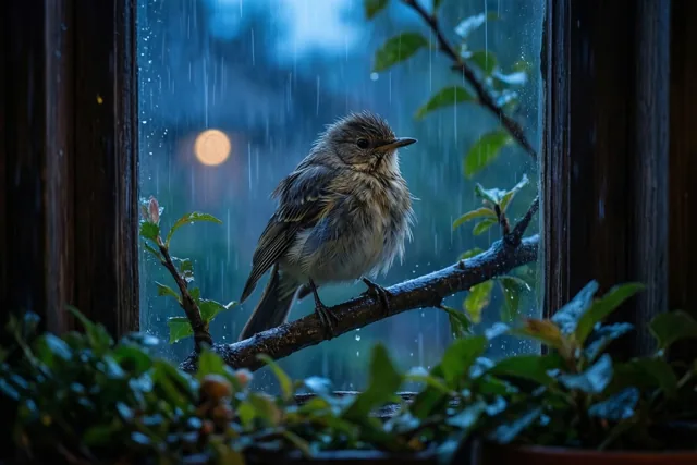 Een vogeltje met opgezette veren zit 's nachts in de regen op een tak buiten een raam, met warm licht achter het natte glas en onscherp groen op de voorgrond.
