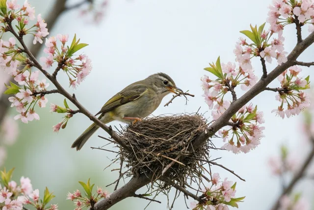 Een vogeltje met een takje in de bek zit op een tak met een nest, roze bloesems en groene bladeren tegen een bleke hemel.