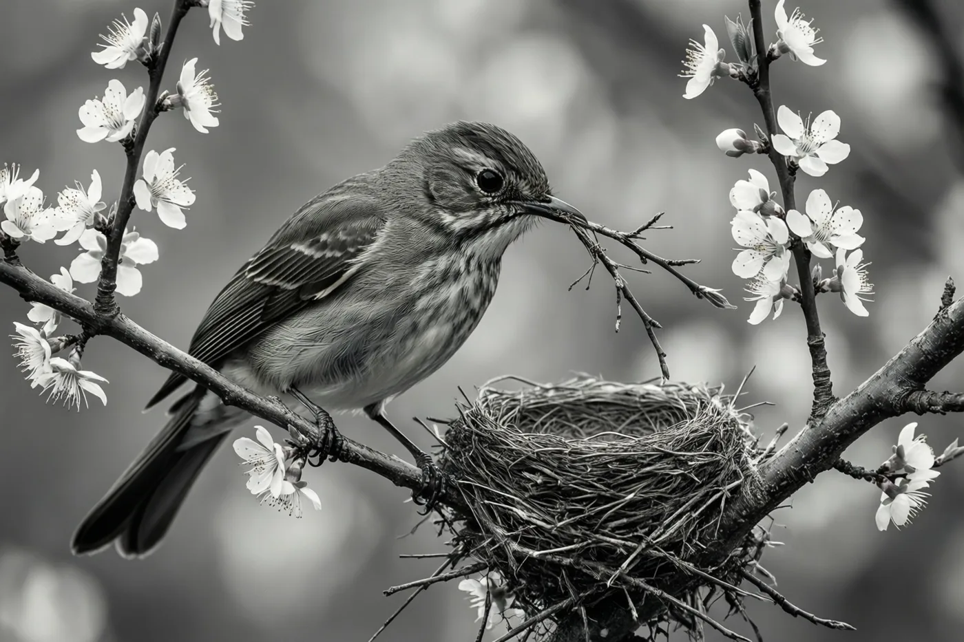 Een zwart-witfoto toont een vogeltje met een takje in de bek op een bloeiende tak boven een nest van twijgen.