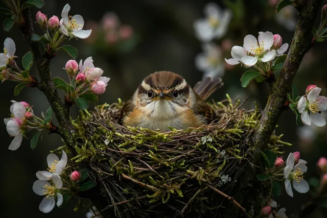 Een klein vogeltje met bruine en witte veren zit in een met mos bedekt nest tussen takken met witte en roze bloemen in zacht licht.