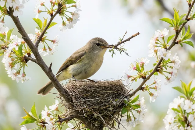 Een vogeltje met een takje in de bek zit boven een twijgennest in een boom met witte bloemen en groene bladeren tegen een wazige achtergrond.