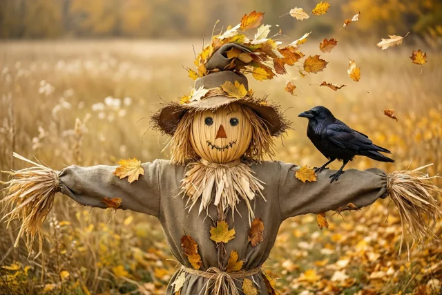 Een vogelverschrikker met een strooien gezicht en een hoed met herfstbladeren staat in een goudkleurig veld met een zwarte kraai op zijn uitgestrekte arm.