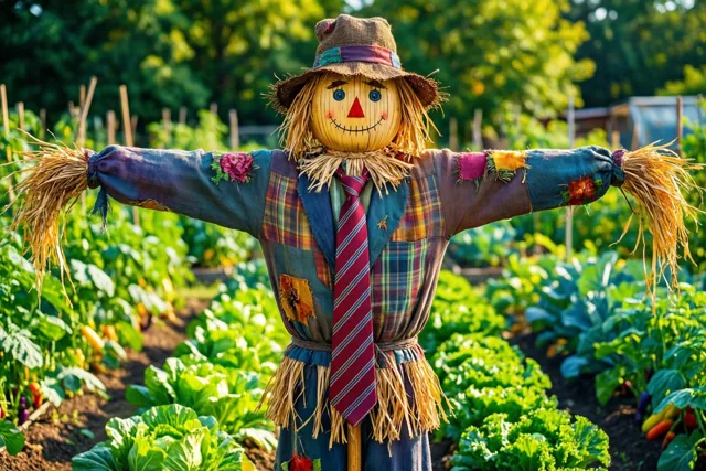 Een vogelverschrikker met een hoed, een hemd van lapjes en een rood gestreepte das staat in een zonnige moestuin.