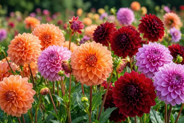 Dicht opeen staande rijen dahlia's in oranje, roze, rood en lila vullen een veld tussen groene bladeren in zacht nazomerlicht.