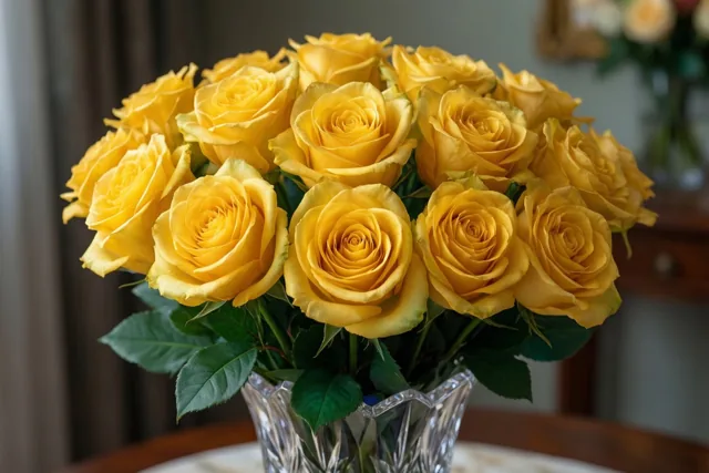 Een weelderig boeket goudgele rozen staat in een geslepen kristallen vaas op een houten tafel, met onscherpe gordijnen en een deel van een ander bloemstuk op de achtergrond.