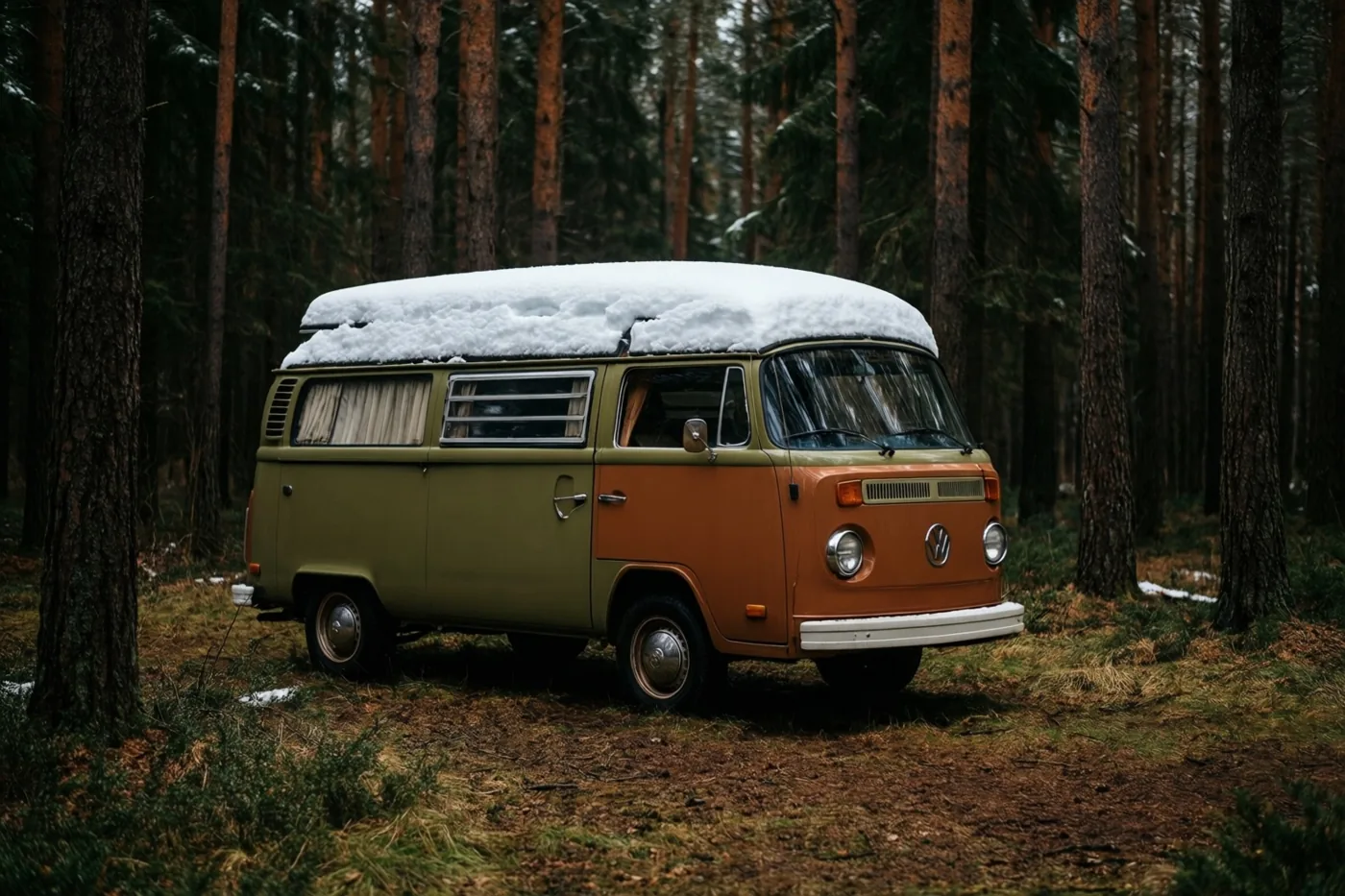Een tweekleurige Volkswagenkampeerbus uit de jaren zestig staat met een dikke laag sneeuw op het dak op een open plek tussen hoge dennen.