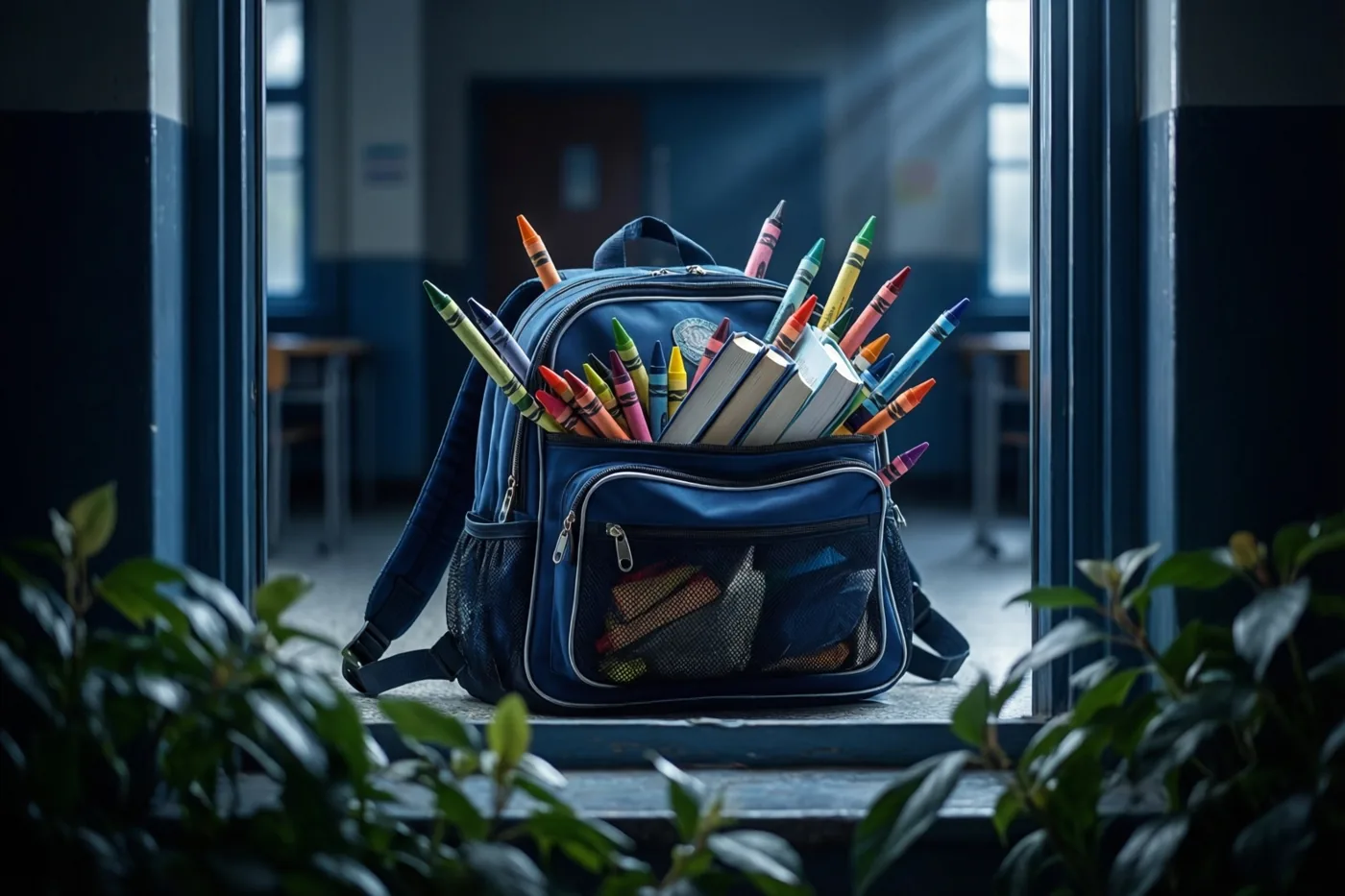 Een blauwe boekentas vol uitpuilende waskrijtjes en boeken staat op een vensterbank in een schemerige klas, met groen gebladerte op de voorgrond en koele blauwe en grijze tinten.