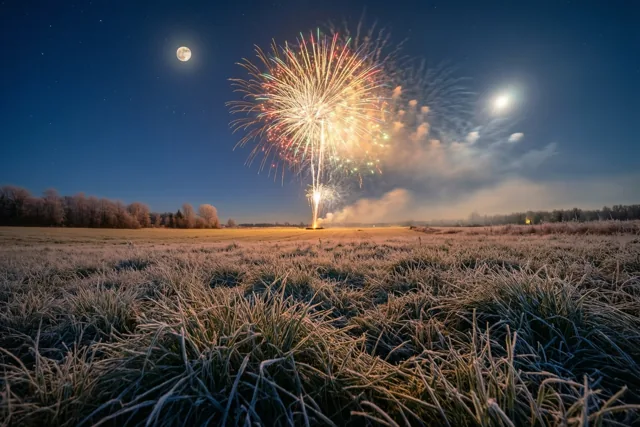 Kleurrijk vuurwerk verlicht een berijpt veld met gras op de voorgrond en bomen in de verte, onder een donkerblauwe nachthemel met volle maan.