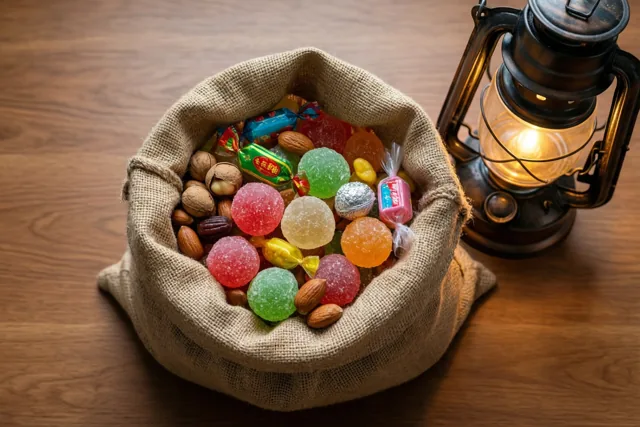 Een juten zak boordevol kleurrijke snoepjes en noten staat op een houten ondergrond naast een brandende ouderwetse lantaarn.