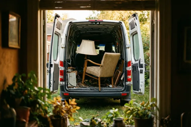 Vanuit een donkere kamer met potplanten is door een deuropening een witte verhuiswagen te zien met open achterdeuren en uitstekende meubels, waaronder een stoel en een lamp.