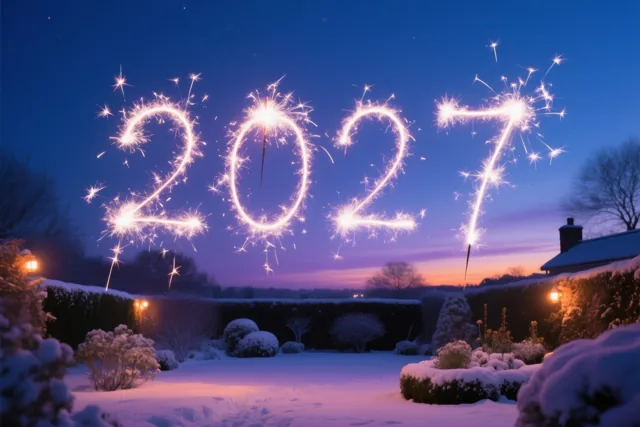 Sterretjes vormen 2027 boven een besneeuwde tuin met warme lichtjes onder een paarsblauwe schemerhemel.