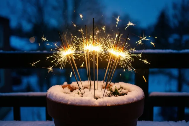 Brandende sterretjes in een besneeuwde bloempot op een balkon verspreiden gouden vonken tegen een donkerblauwe nachtelijke achtergrond met een houten leuning.