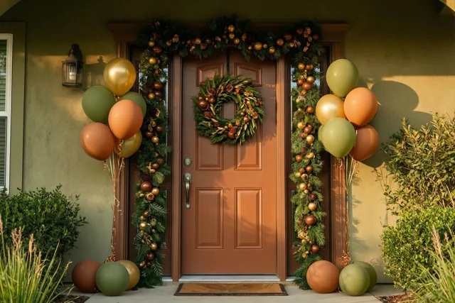 Een voordeur op een veranda is versierd met een slinger en groepen ballonnen in aardetinten, met warm licht en groen aan weerszijden.
