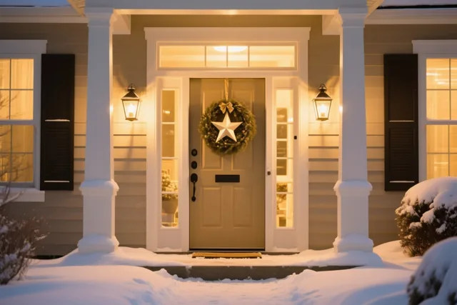 Een warm verlichte voordeur draagt een groene krans met een witte ster, aan een huis met beige gevelbekleding, witte afwerking en zwarte luiken op een besneeuwde avond.