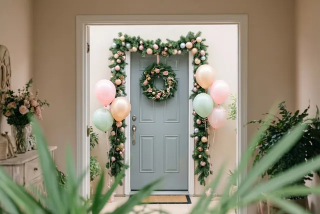 Een voordeur is versierd met een groene slinger, pastelballonnen en een bijpassende krans in een warm verlichte inkom met planten en beige muren.