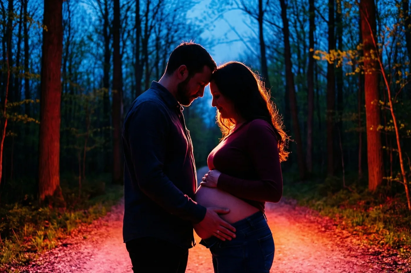 Een zwangere vrouw en haar partner staan op een bospad in de schemering met hun voorhoofden tegen elkaar en zijn hand op haar buik, in oranje en blauwe tinten.