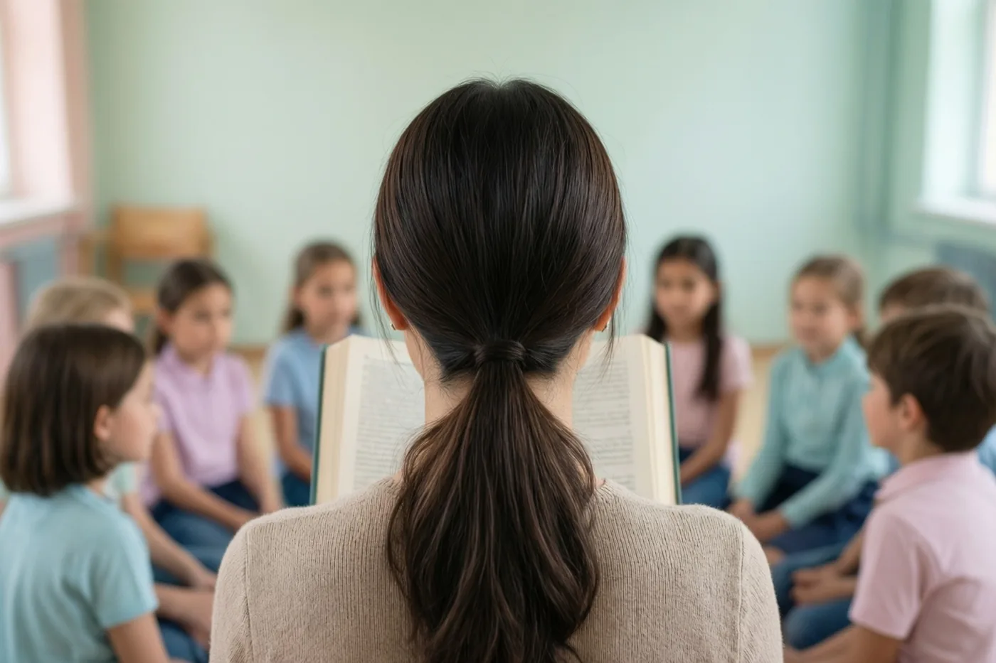 Een leerkracht met donker haar in een paardenstaart leest van achteren gezien uit een open boek voor aan kinderen in lichte kleding in een kring in een klas met pastelgroene muren.