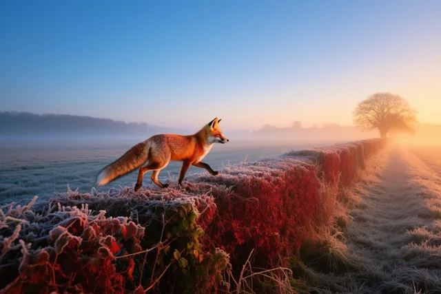 Een vos draaft bij zonsopgang langs een berijpte haag in een uitgestrekt veld met wit bevroren gras, onder een blauwe lucht in gouden licht.