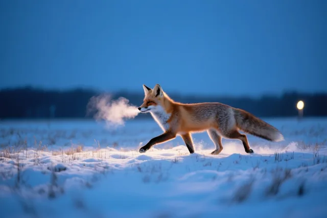Een rode vos draaft door een besneeuwd veld met een wit ademwolkje, onder een diepblauwe schemerlucht met een warm licht in de verte.