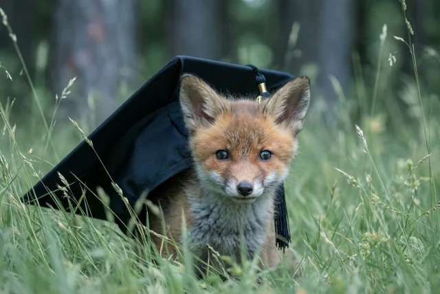 Een vosje met oranje en witte vacht kijkt van achter een zwarte afstudeerhoed in hoog groen gras aan de rand van een bos.