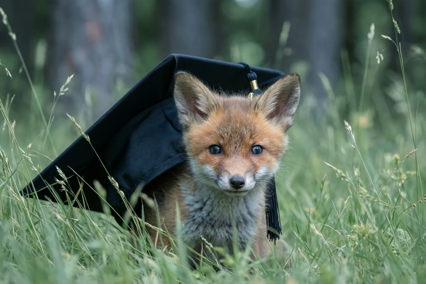 Een vosje met oranje en witte vacht kijkt van achter een zwarte afstudeerhoed in hoog groen gras aan de rand van een bos.
