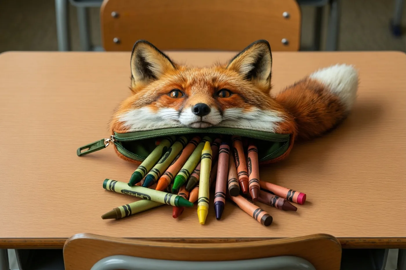 Een open pennenzak in de vorm van een vos ligt op een houten schoolbank met kleurrijke waskrijtjes die eruit vallen, in een klas met houten stoelen.