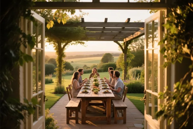Een groep vrienden eet aan een lange houten tafel onder een pergola in een tuin, met groen en glooiende heuvels op de achtergrond in warm goudkleurig licht.