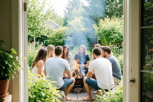 Door een open deuropening is een groep vrienden van achteren te zien rond een brandende vuurkorf in een groene tuin, in warm natuurlijk licht.
