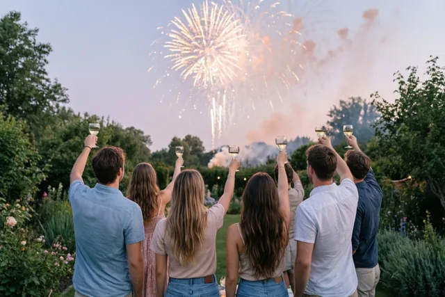 Een groep vrienden staat van achteren gezien in een tuin en heft wijnglazen naar vuurwerk in een schemerlucht met zachte blauwe, groene en gouden tinten.
