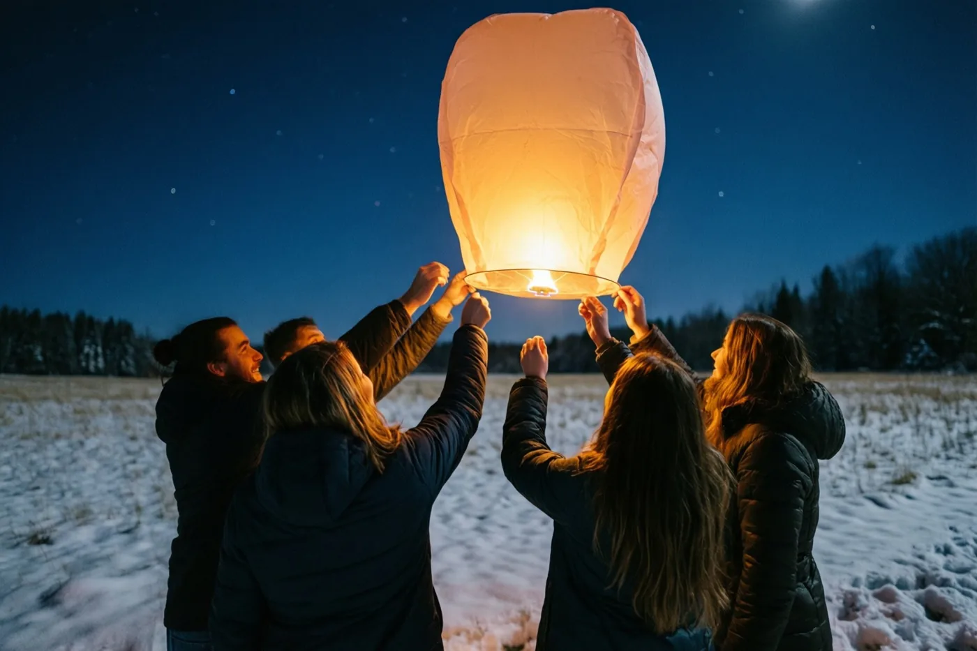 Vrienden laten van achteren gezien een lichtgevende papieren lantaarn op boven een besneeuwd veld onder een donkerblauwe sterrenhemel.