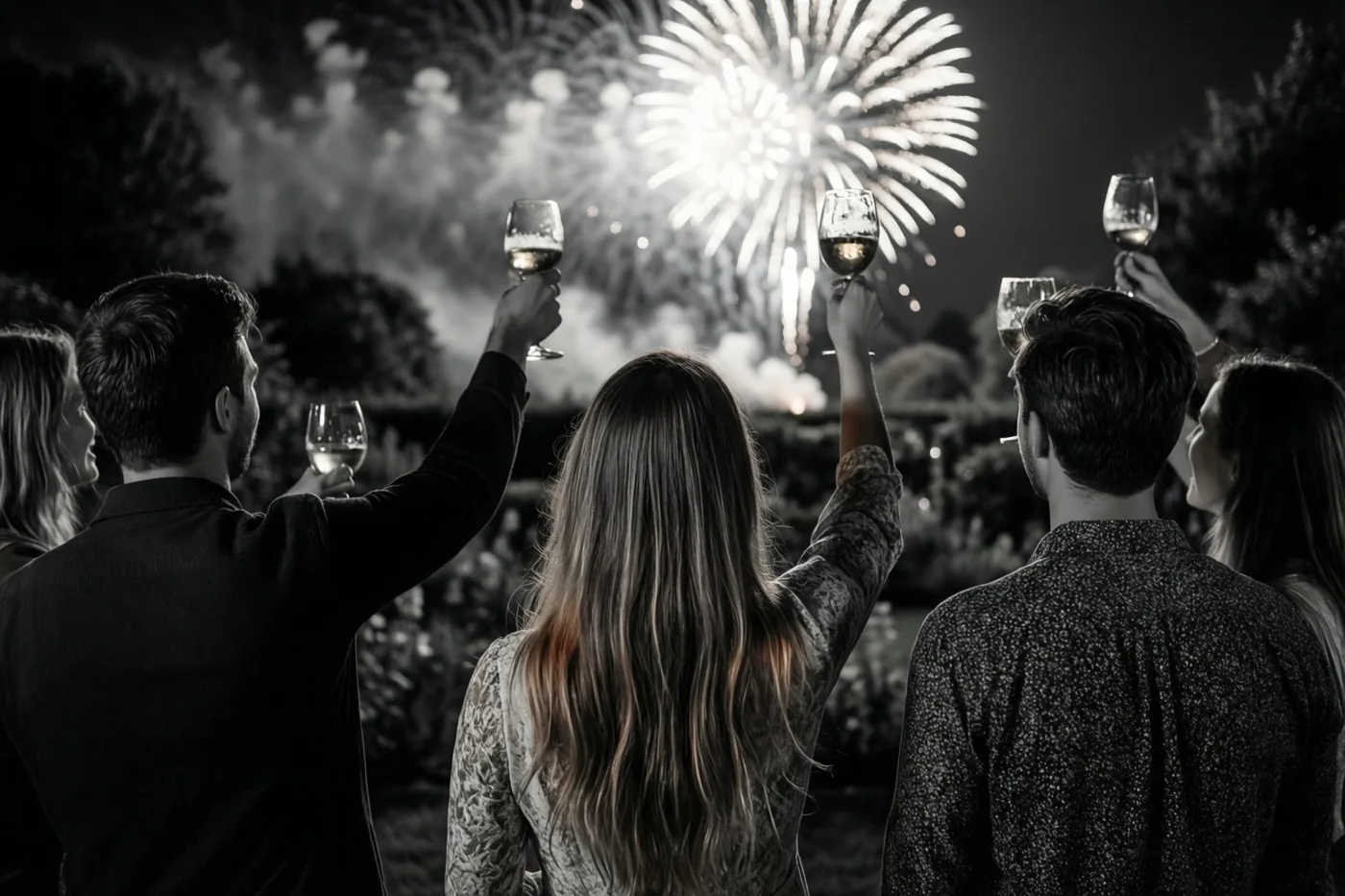 Vrienden heffen in een tuin wijnglazen naar het nachtelijke vuurwerk op een zwart-witfoto waarop alleen het haar van één persoon kleur heeft.