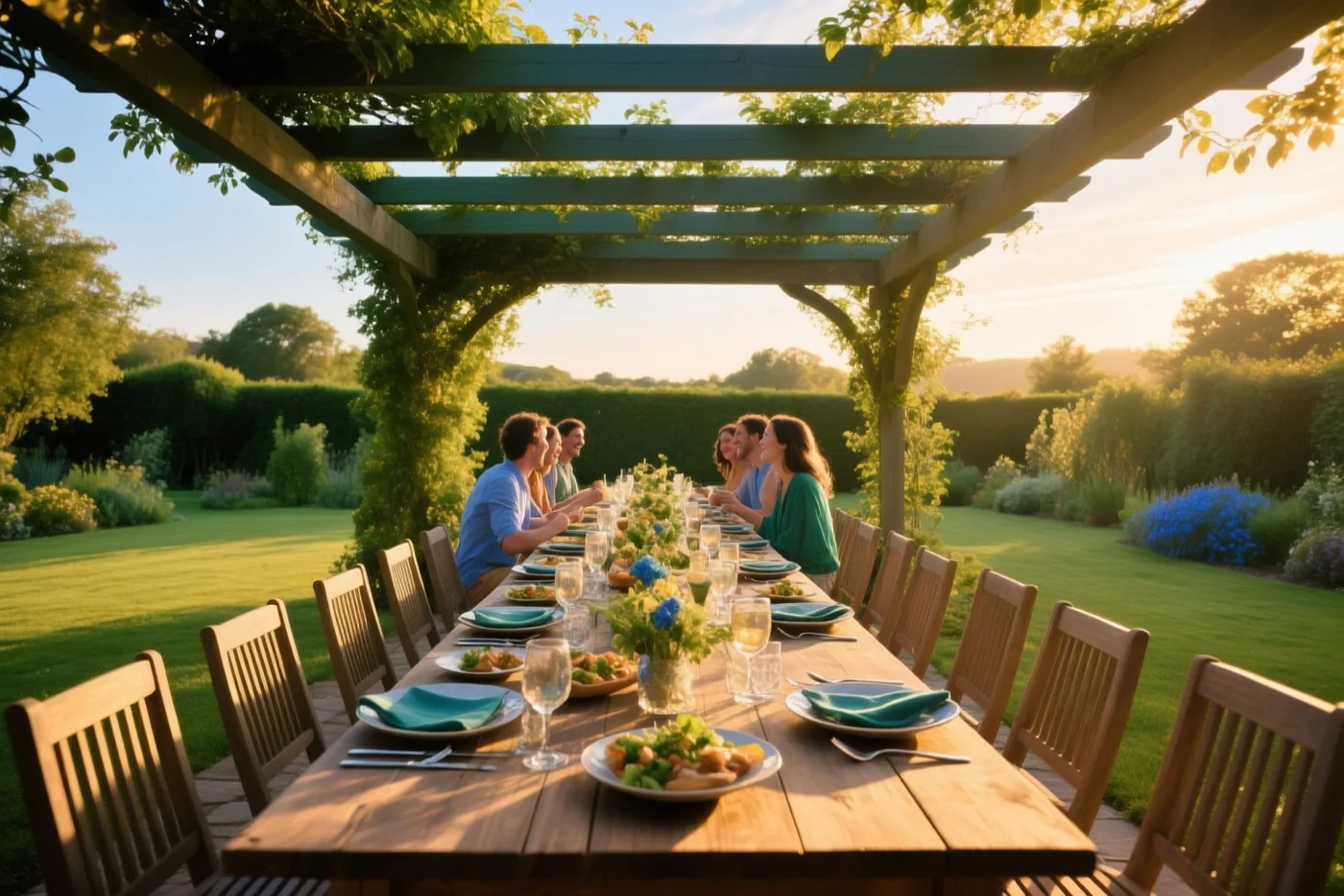 Een groep vrienden eet aan een lange houten tafel onder een met wijnranken begroeide pergola in een groene tuin met gras en bomen in goudkleurig zonlicht.