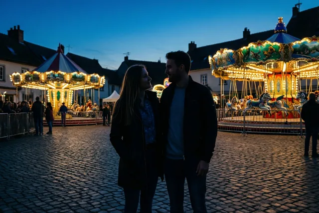 Twee vrienden staan als silhouetten tegenover elkaar op een kasseiplein, met goudkleurig verlichte draaimolens onder een diepblauwe avondlucht.