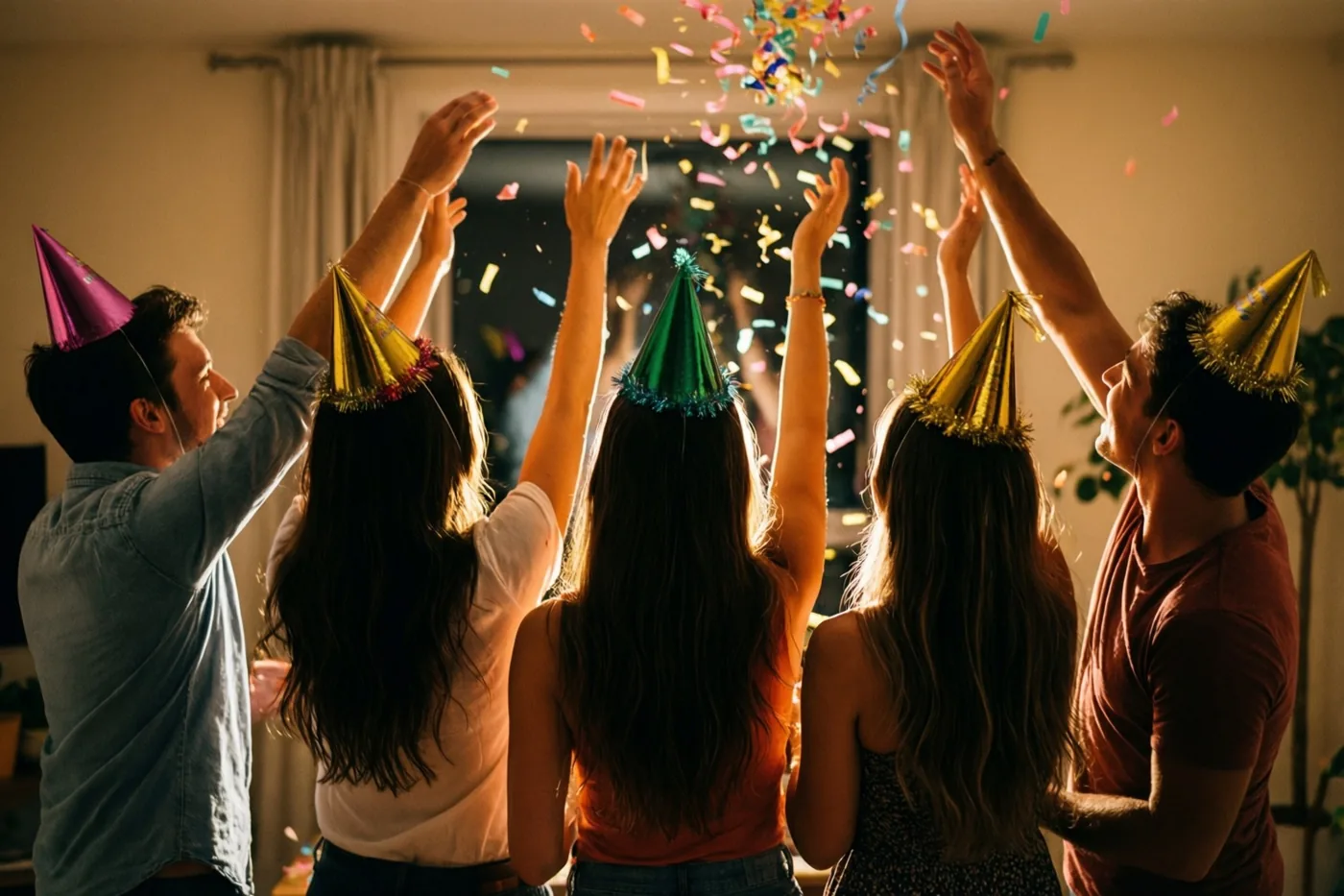 Vijf vrienden met feesthoedjes heffen van achteren gezien hun armen om vallende confetti te vangen in een warm verlichte ruimte.