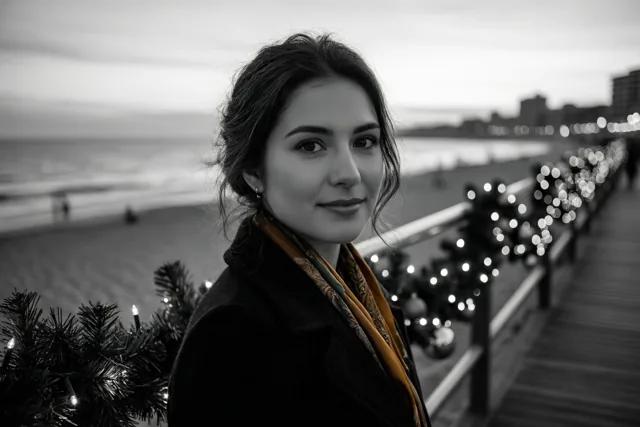 Een vrouw met een donkere jas en een sjaal staat bij schemering op een promenade aan zee en kijkt naar de camera, met kerstlichtjes aan de leuning en het strand en de zee achter haar.