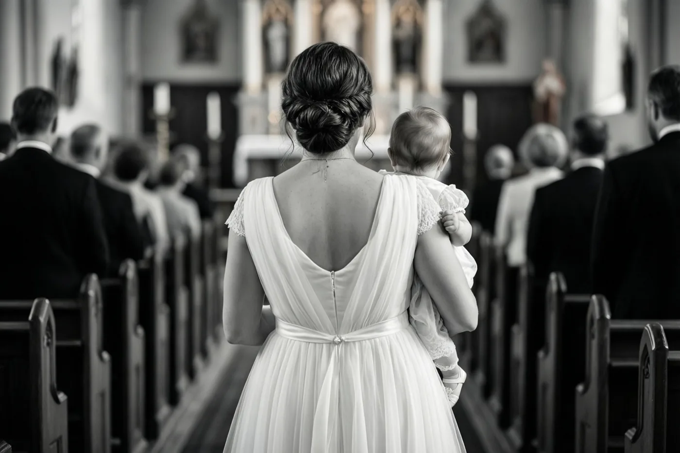 Een zwart-witfoto toont een vrouw in een witte jurk die een baby in een witte doopjurk door het gangpad van een kerk draagt.