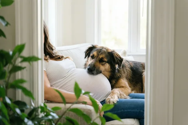 Door een deuropening zie je een zwangere vrouw op een zetel met een hond die zijn kop op haar buik legt, met groene bladeren op de voorgrond en witte, beige en blauwe tinten in de kamer.