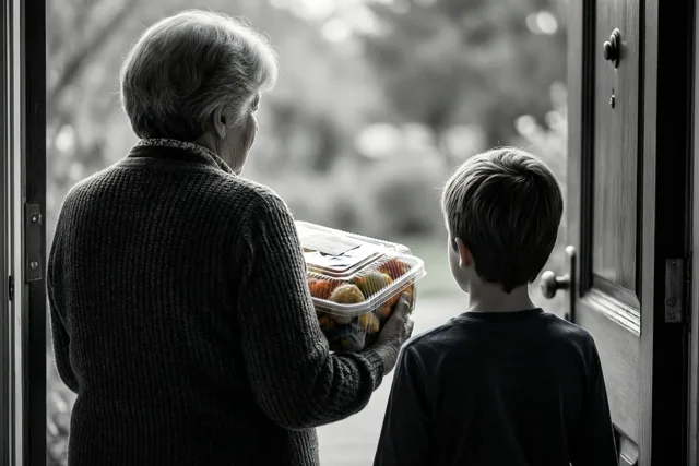 Een zwart-witfoto toont een oudere vrouw en een jonge jongen van achteren aan een deuropening met een voedselpakket.