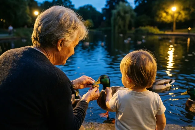 Een oudere vrouw en een klein kind voeren met de rug naar de kijker eenden aan een vijver in de schemering, terwijl goudkleurig licht van straatlampen op het donkerblauwe water weerspiegelt.