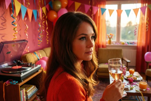 Een vrouw in een oranje trui houdt een glas wijn vast in een woonkamer in jarenzestigstijl met kleurrijke papieren serpentines, ballonnen en een oude platenspeler, in warm licht.