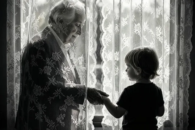 Een oudere vrouw en een klein kind houden elkaars hand vast achter een door de zon verlicht kanten gordijn op een zwart-witfoto.