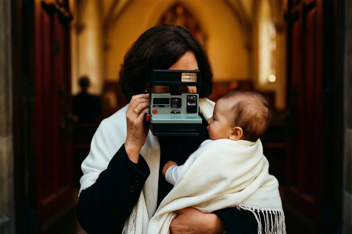 Een vrouw houdt een baby in een witte omslagdoek vast en gebruikt een oude instantcamera, beiden van achteren gezien bij een kerkdeur met rode deuren in warm goudkleurig licht.