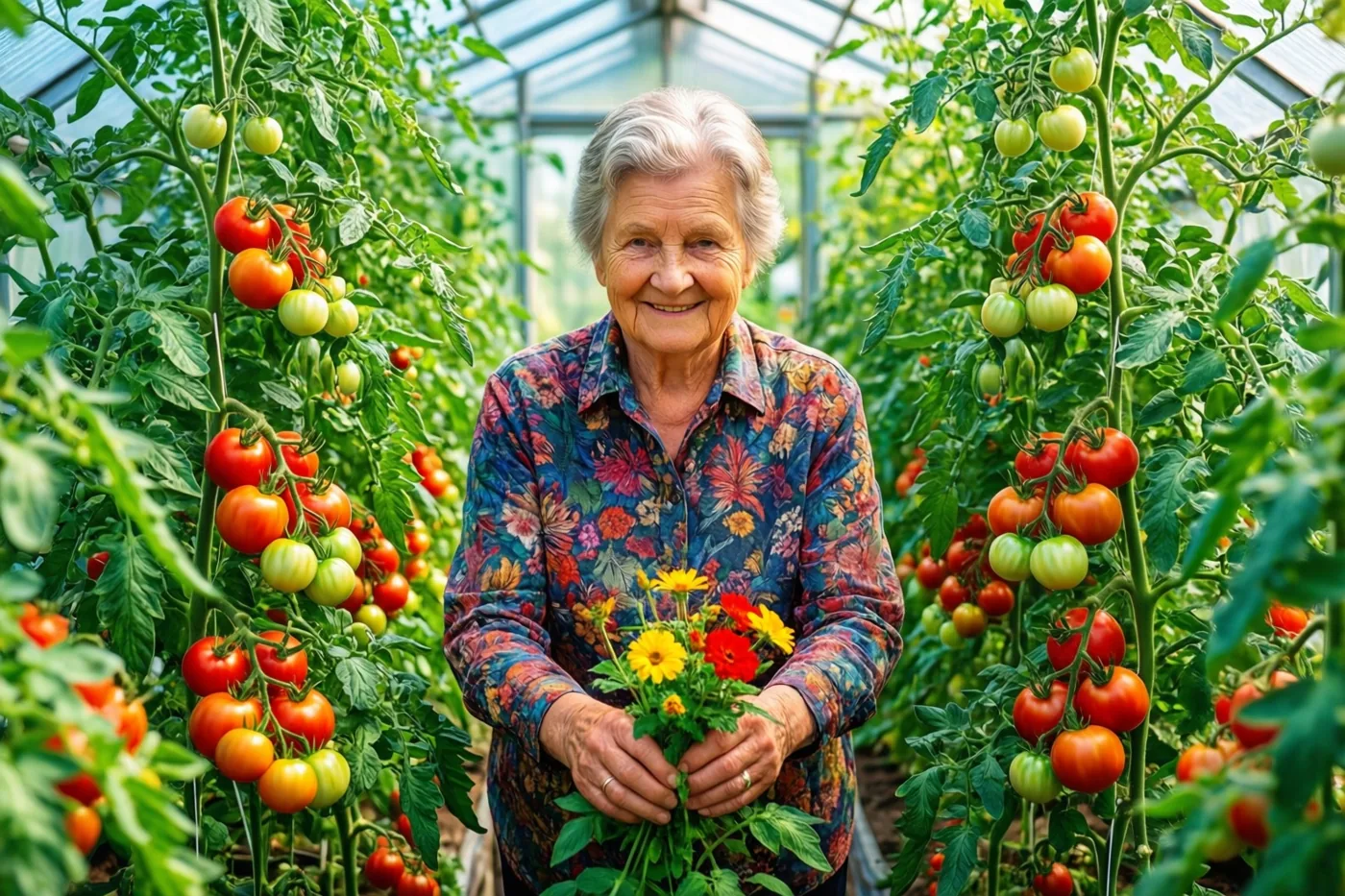 Een oudere vrouw met wit haar glimlacht met een boeket gele en rode bloemen in een serre vol tomatenplanten met rode en groene vruchten.