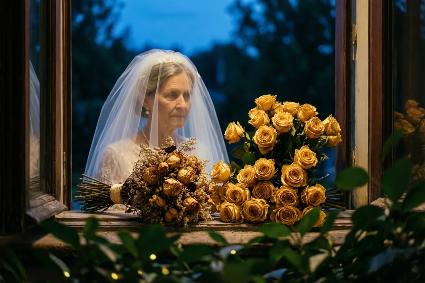Een oudere vrouw met een bruidssluier kijkt door een raam, naast een gedroogd boeket en verse goudgele rozen op de vensterbank, met blauwe schemering buiten en warm licht binnen.